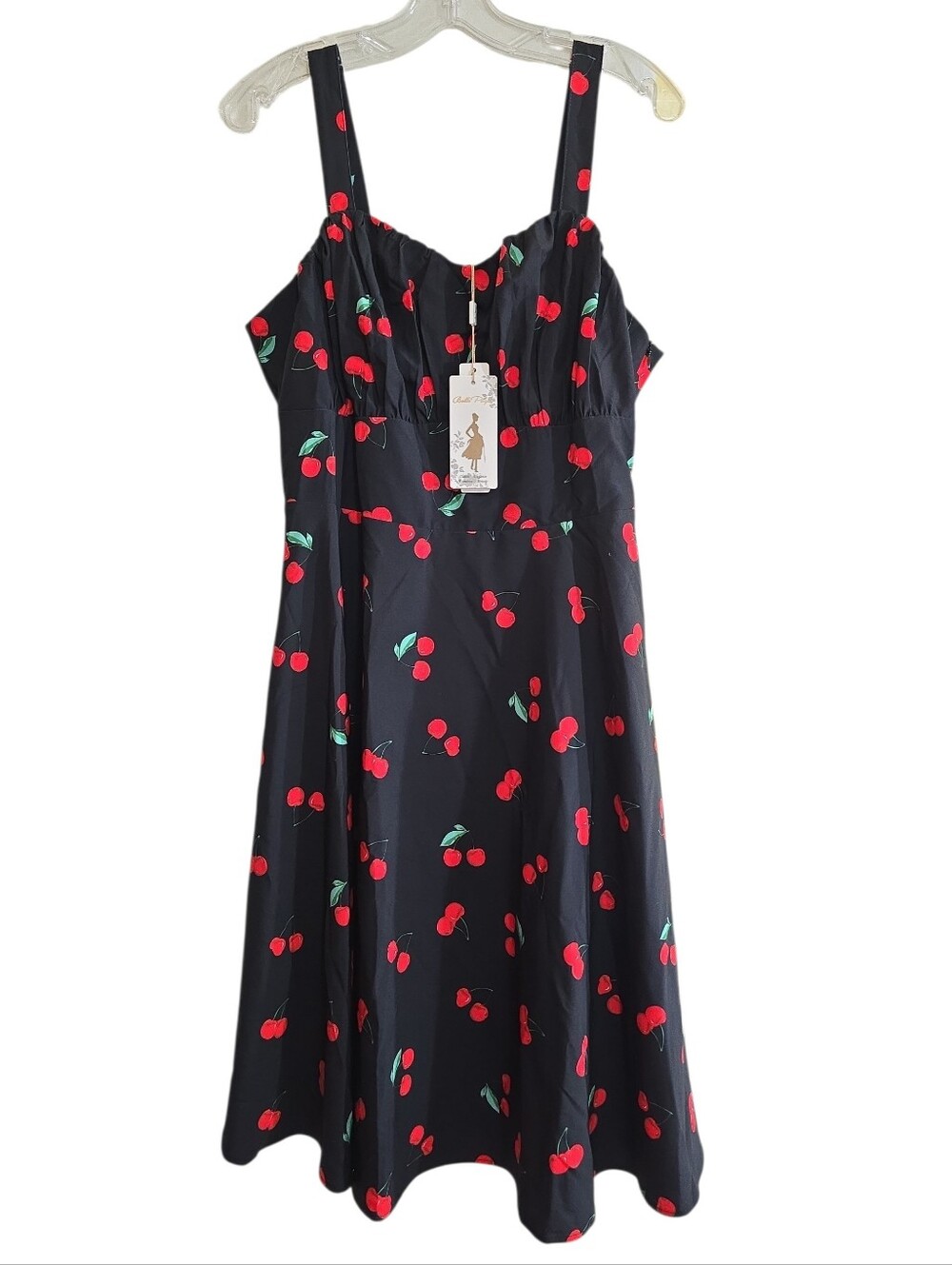 NWT Belle Poque Vintage Inspire Cherry Print Dress Ruched Bodice Flared XL 50s - Picture 2 of 9